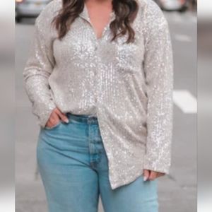 Beautiful cream beige sequin button up top